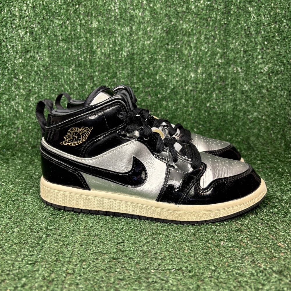Jordan 1 Mid SE Metallic Silver Patent Leather Streetwear Sneaker Black Youth 2Y